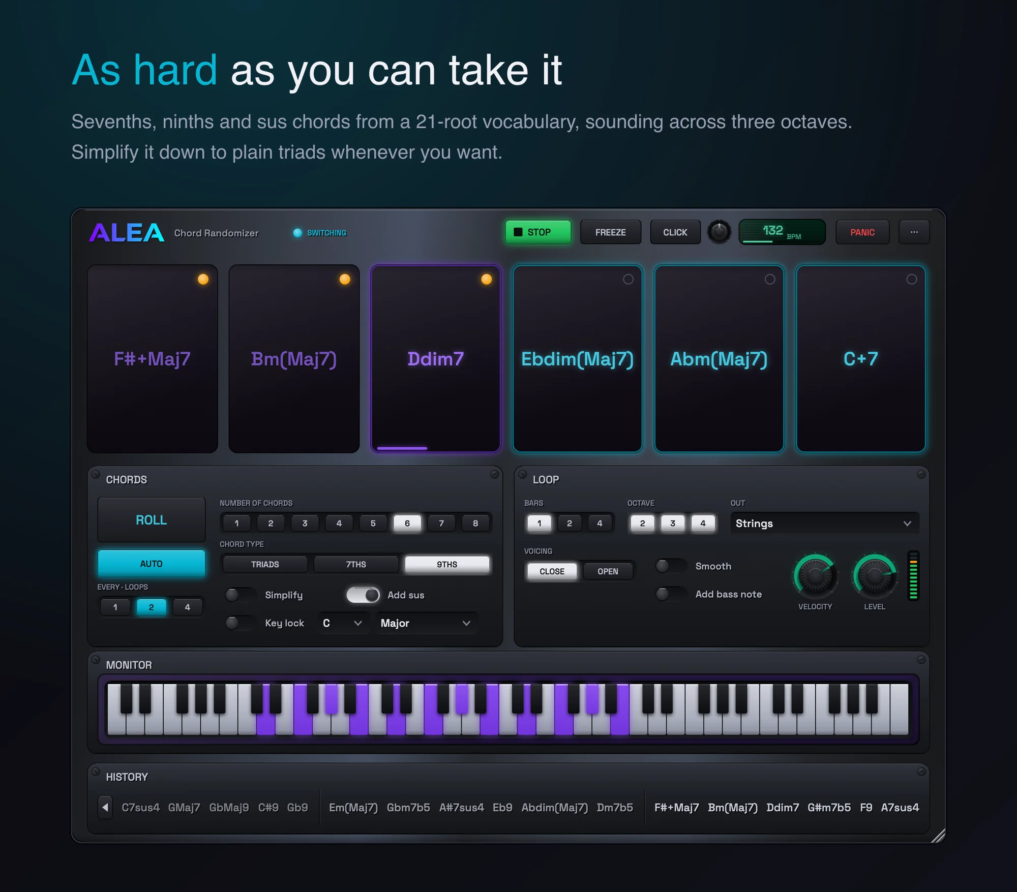 Six hard chords at once: sevenths, ninths and sus from a 21-root vocabulary, auto-rolled.