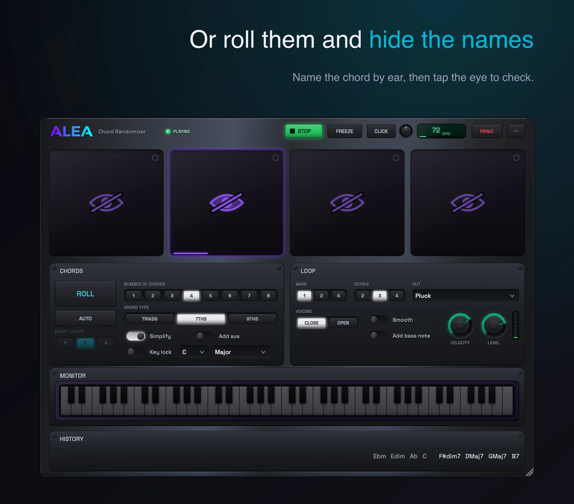 Ear workout mode: name the chord by ear, then tap the eye to check.