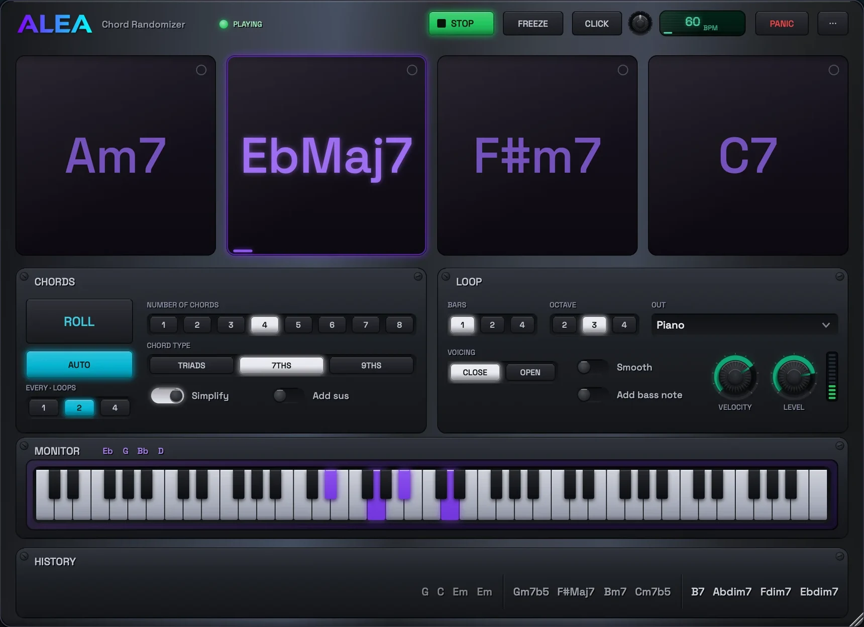 The Chord Randomizer window: four chord cards with EbMaj7 sounding, the Chords and Loop panels, and the monitor keyboard.