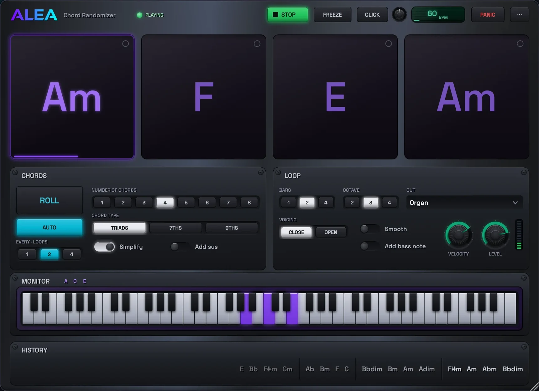 The monitor keyboard with a chord lit in purple and its note names beside the MONITOR title.