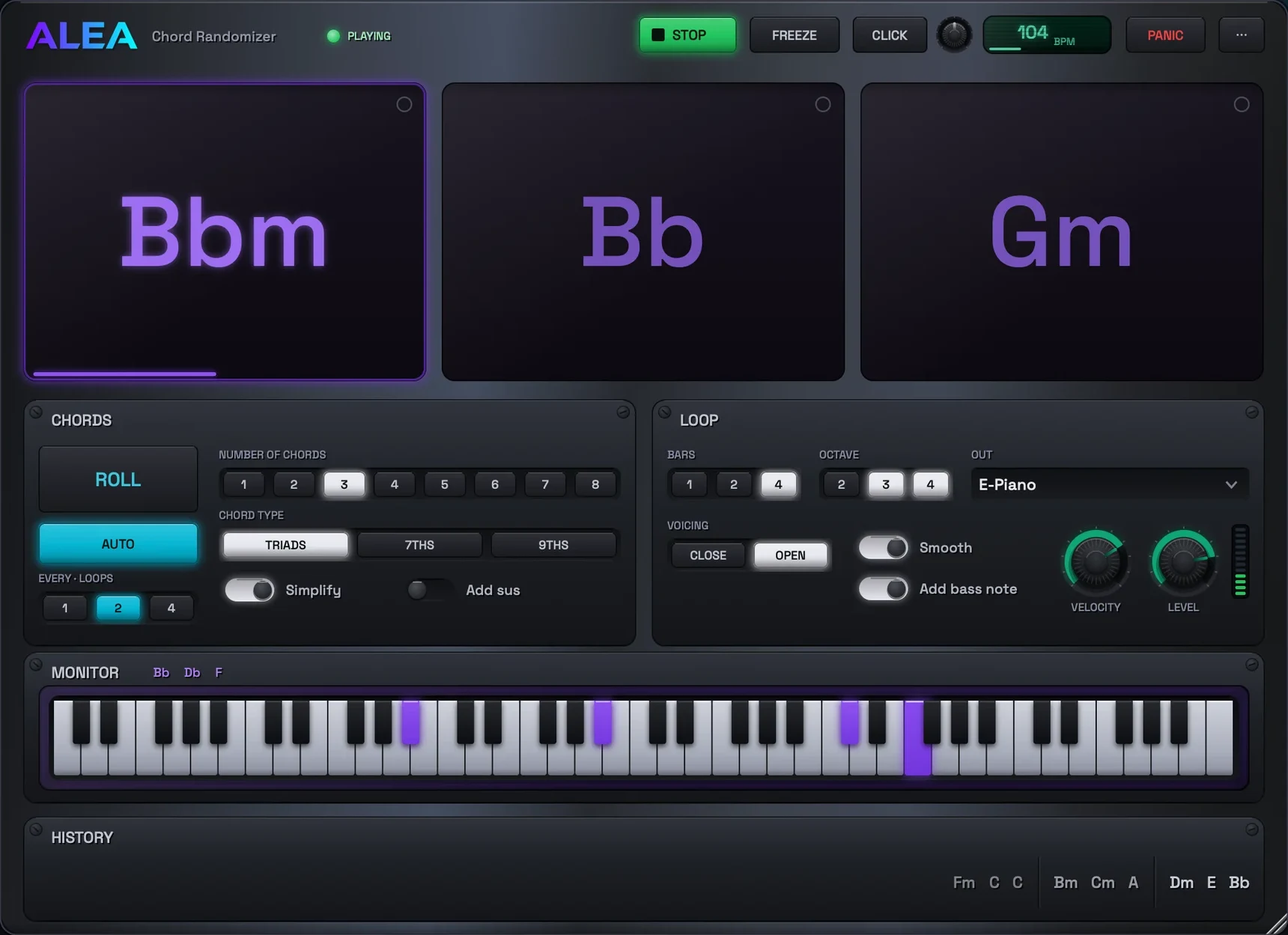 The Loop panel with open voicing, smooth voice leading and a bass note switched on, and the voiced chord lit on the monitor keyboard.