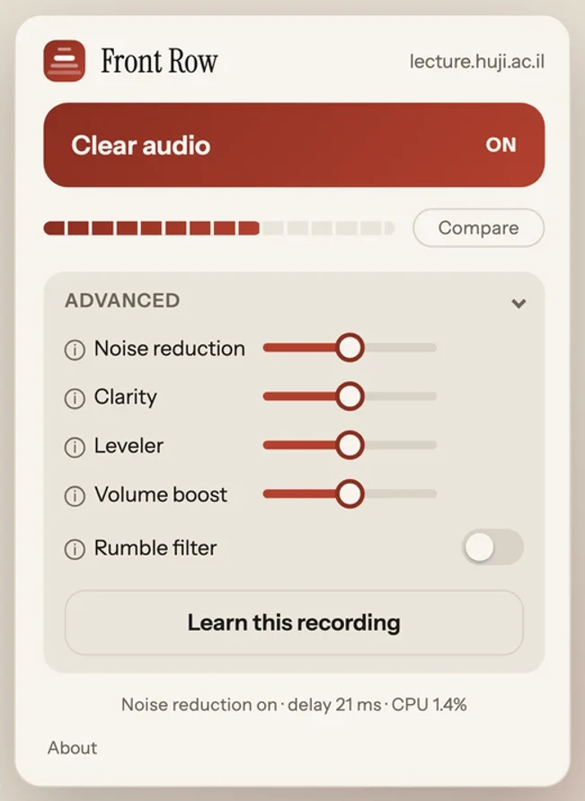 The Front Row popup with Clear audio on, the advanced sliders open and Learn this recording below them.