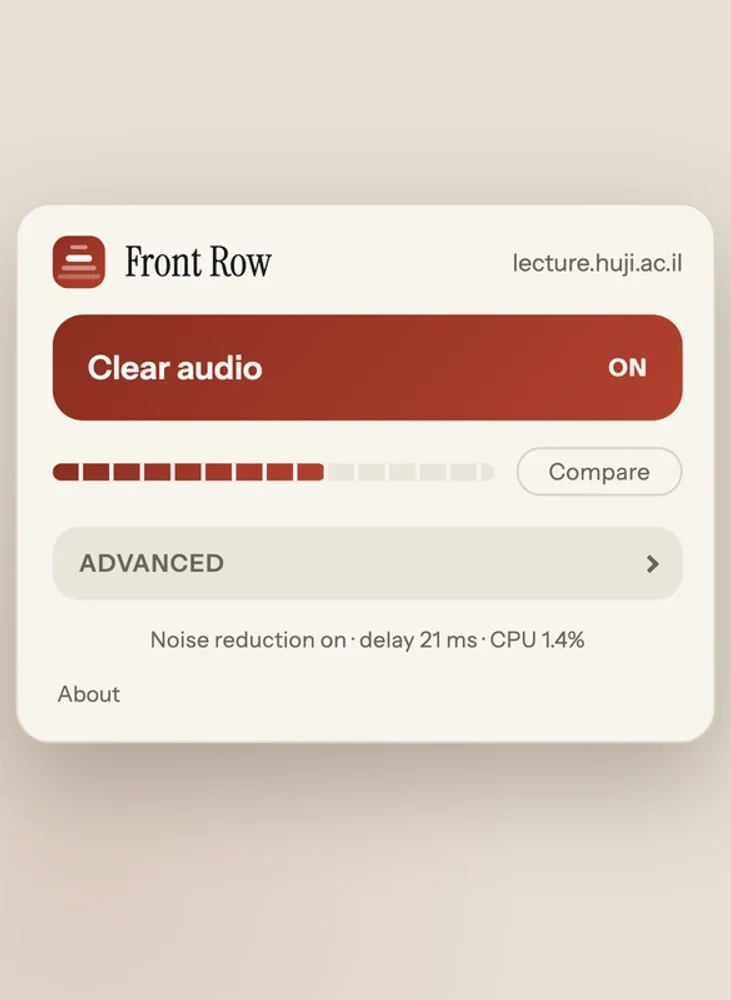 The Front Row popup collapsed to Clear audio, the level meter and Compare.