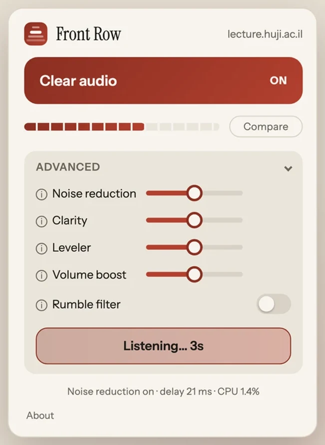 The Front Row popup mid-learn, the button reading Listening, 3s.