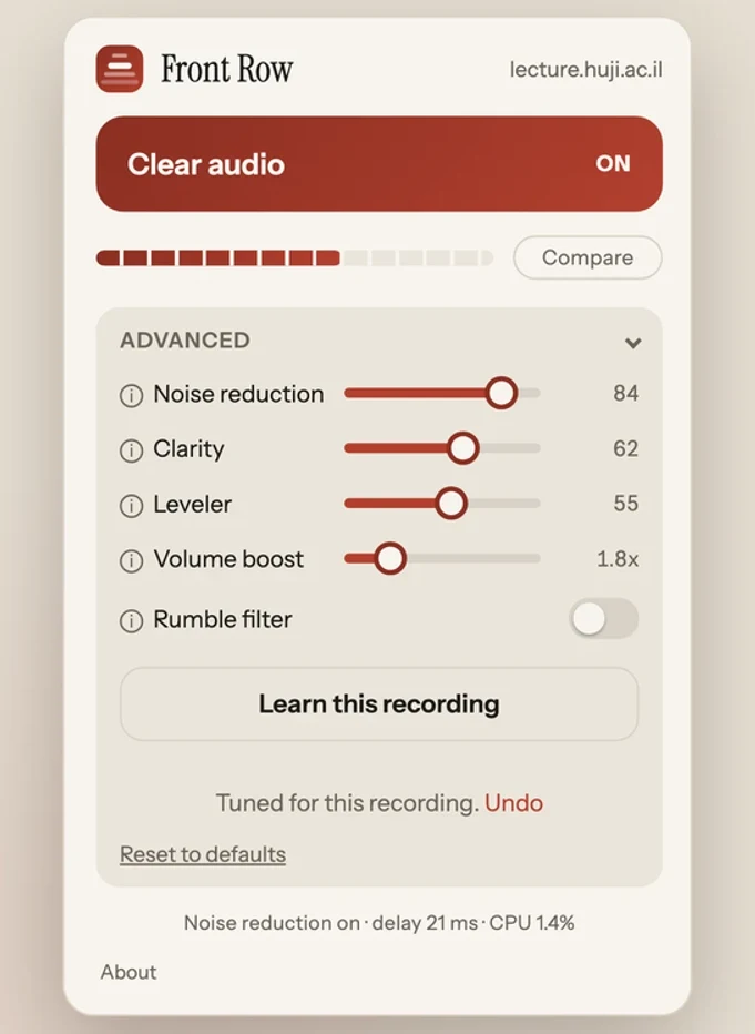 The Front Row popup after learning: every slider at its own value, Tuned for this recording, and Undo.