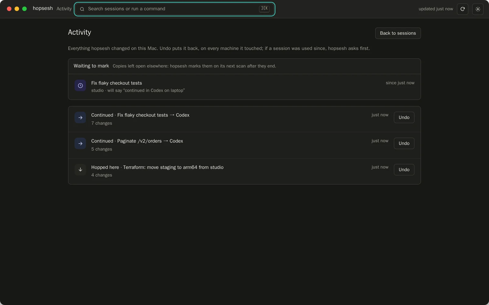 The Activity page: one copy on studio waiting to be marked, and two continuations to Codex and one hop from studio, each with an Undo button.