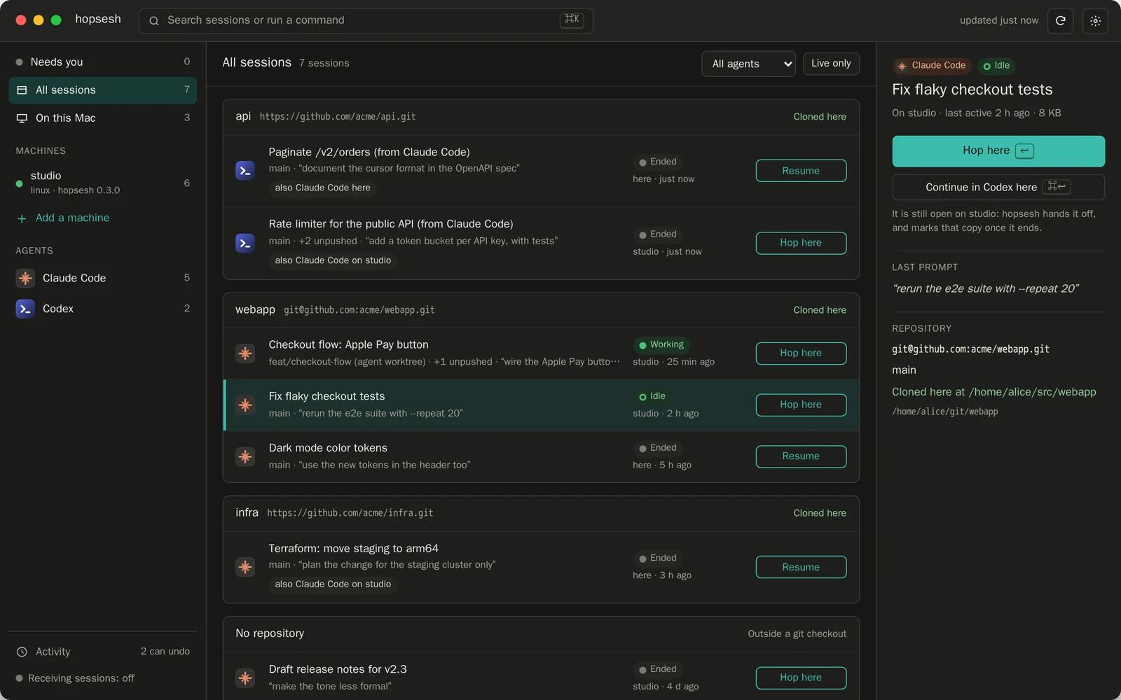 The hopsesh macOS app listing seven Claude Code and Codex sessions from this Mac and the machine studio, grouped by repository, with Hop here and Continue in Codex here for the selected one.