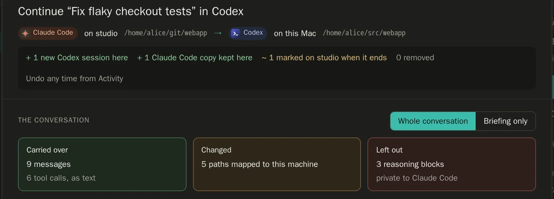The plan to continue Fix flaky checkout tests in Codex: 9 messages and 6 tool calls carried over, 5 paths mapped to this machine, and 3 reasoning blocks left out as private to Claude Code