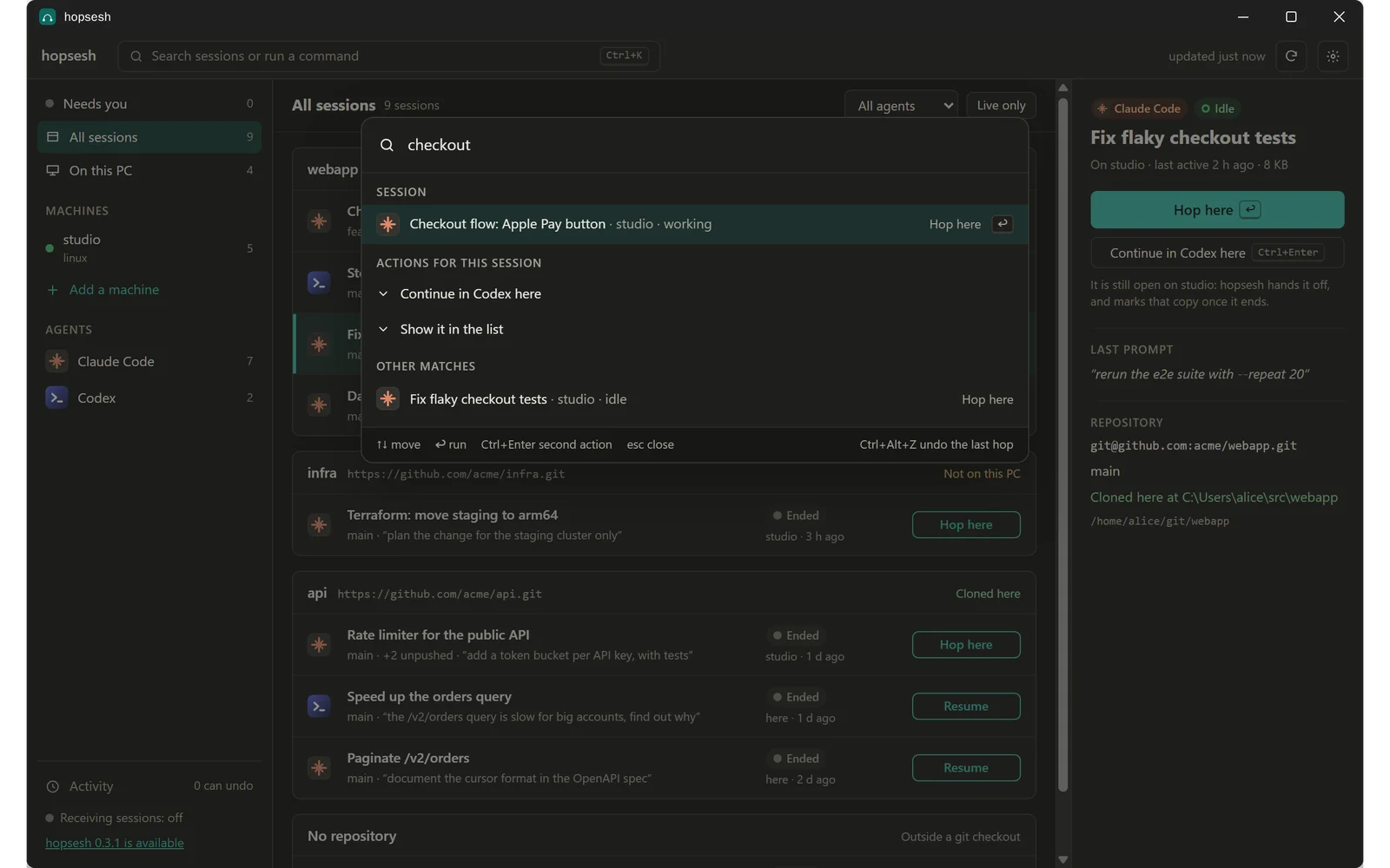 The hopsesh app on Windows with the Ctrl+K palette open on “checkout”: Checkout flow: Apple Pay button on studio with Hop here, the actions Continue in Codex here and Show it in the list, and Fix flaky checkout tests among the other matches.