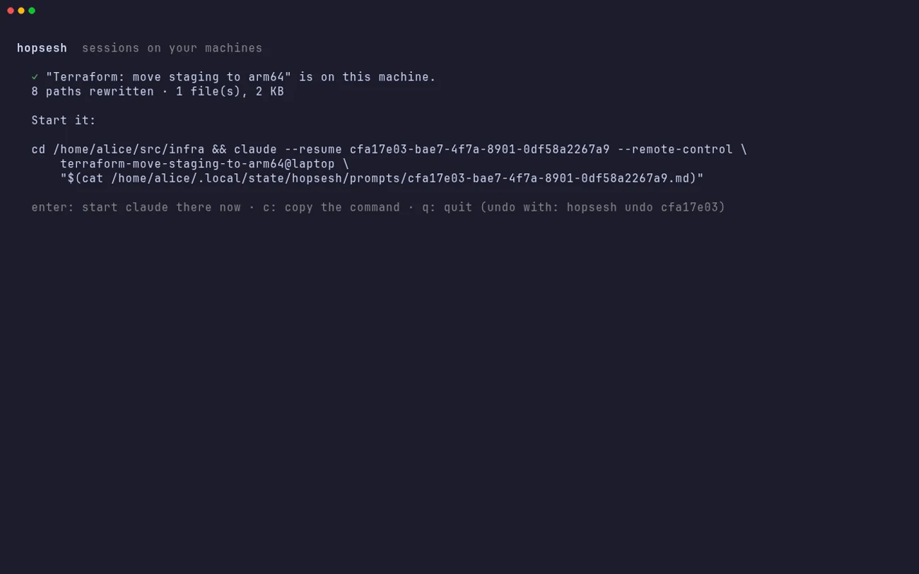 The hopsesh terminal UI after the move: eight paths rewritten, and the claude --resume command for the session with Remote Control on.