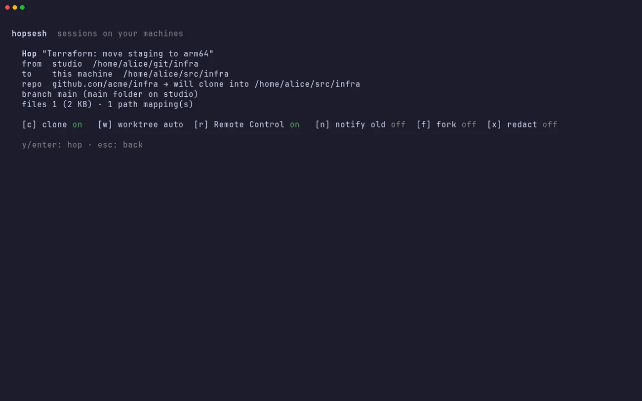 The hopsesh terminal UI showing the plan to hop the session Terraform: move staging to arm64 from studio to this machine, with clone and Remote Control switched on.