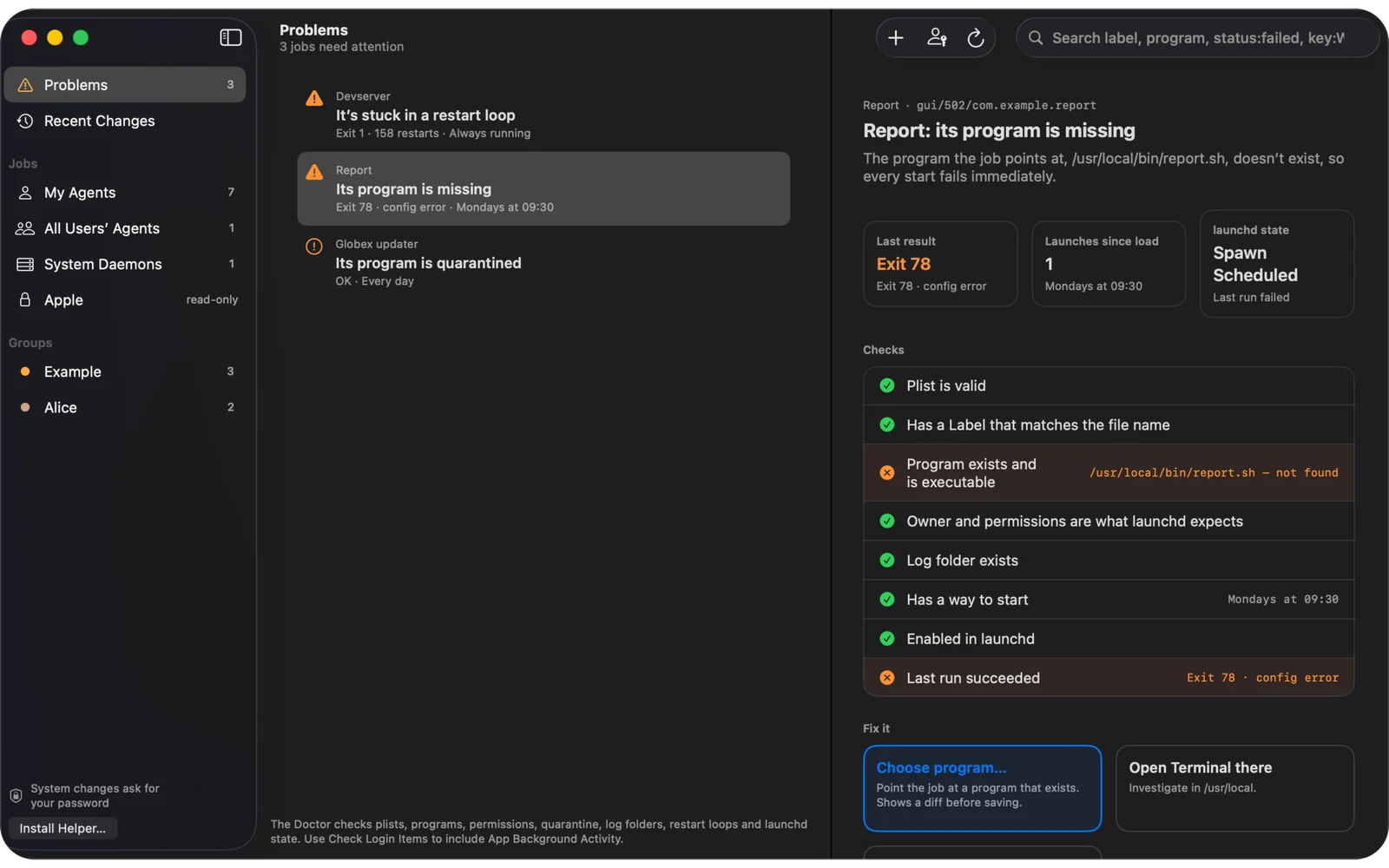 The Problems page: Devserver stuck in a restart loop, Report with its program missing and Globex updater with its program quarantined. Report’s checks fail on Program exists and is executable and on Last run succeeded, with Choose program offered as the fix.