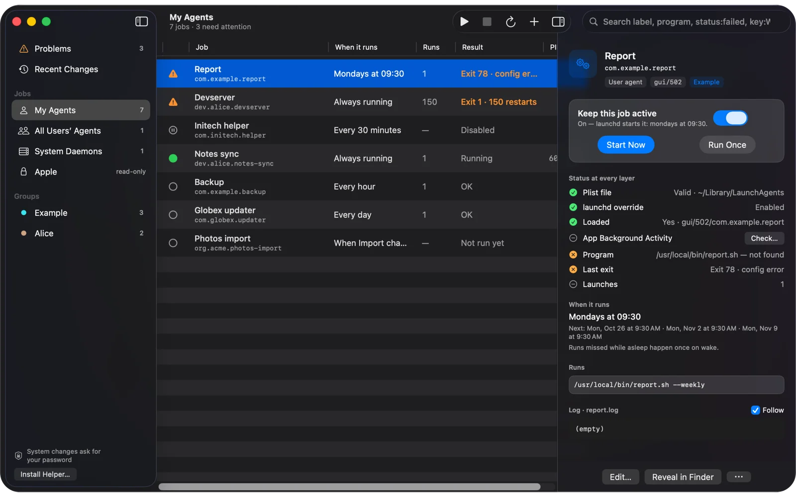 The LD Manager app listing seven of alice’s launchd agents, with Report selected: it failed with exit 78, and its status at every layer shows the plist valid, the job enabled and loaded, and its program not found.