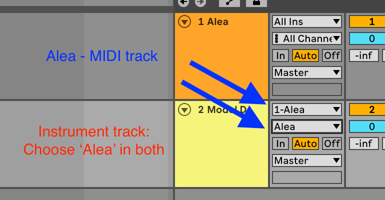 Routing Alea to an instrument track in Ableton Live: MIDI From set to the Alea track, with Alea picked in the chooser below it