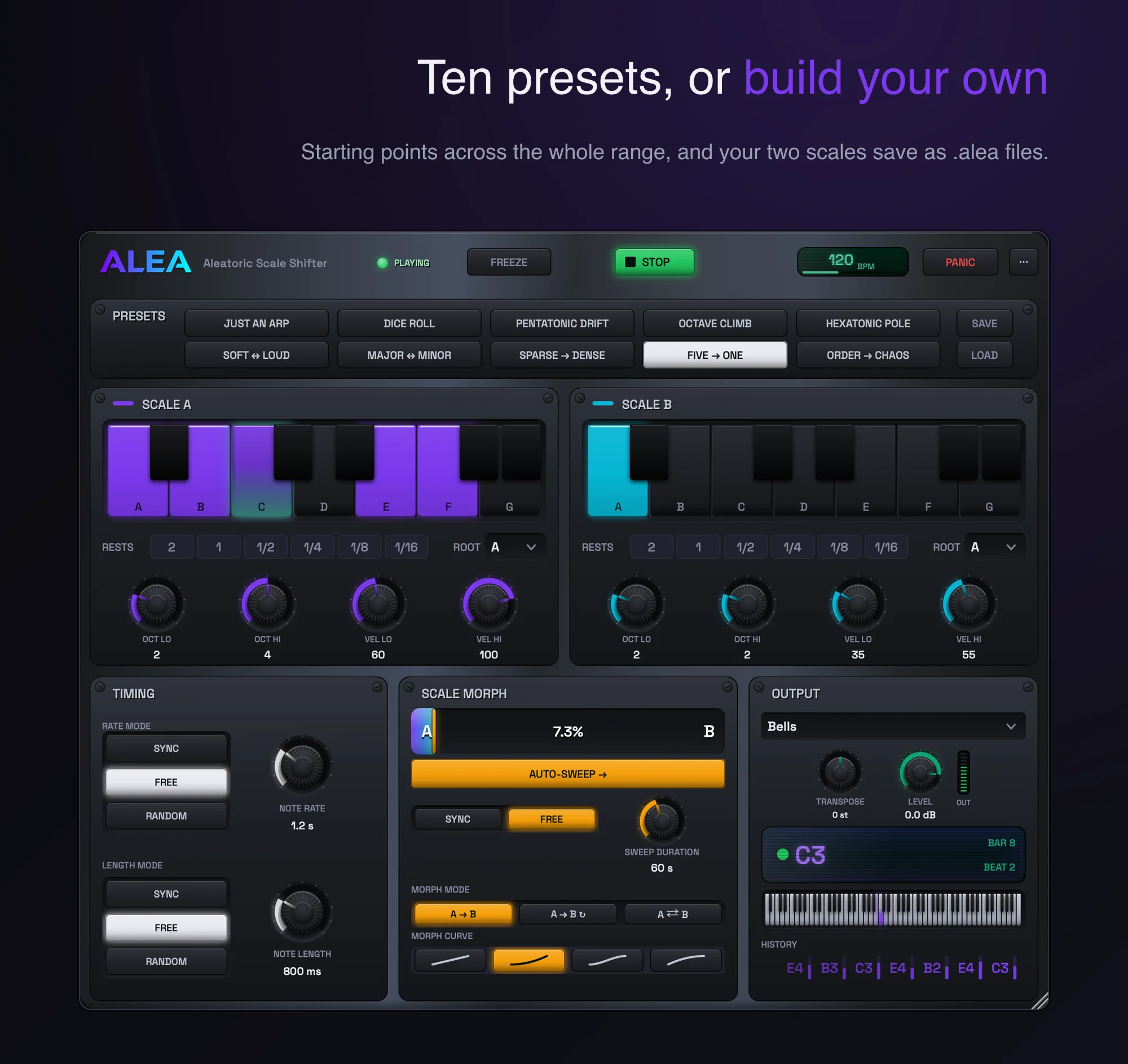 Ten presets, and your own two scales saved as .alea files.