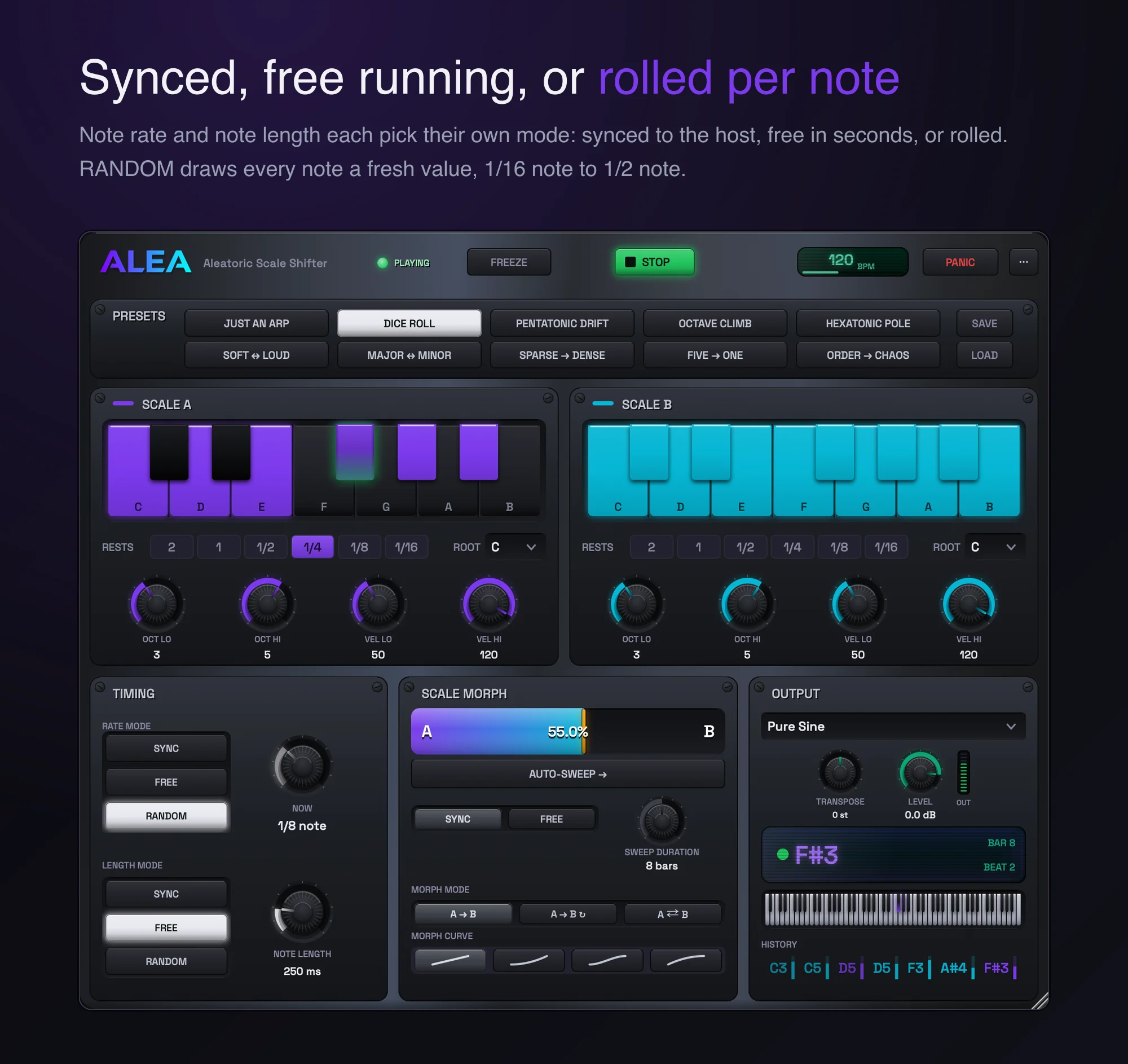 Note rate and note length each pick their own mode: synced, free in seconds, or rolled per note.
