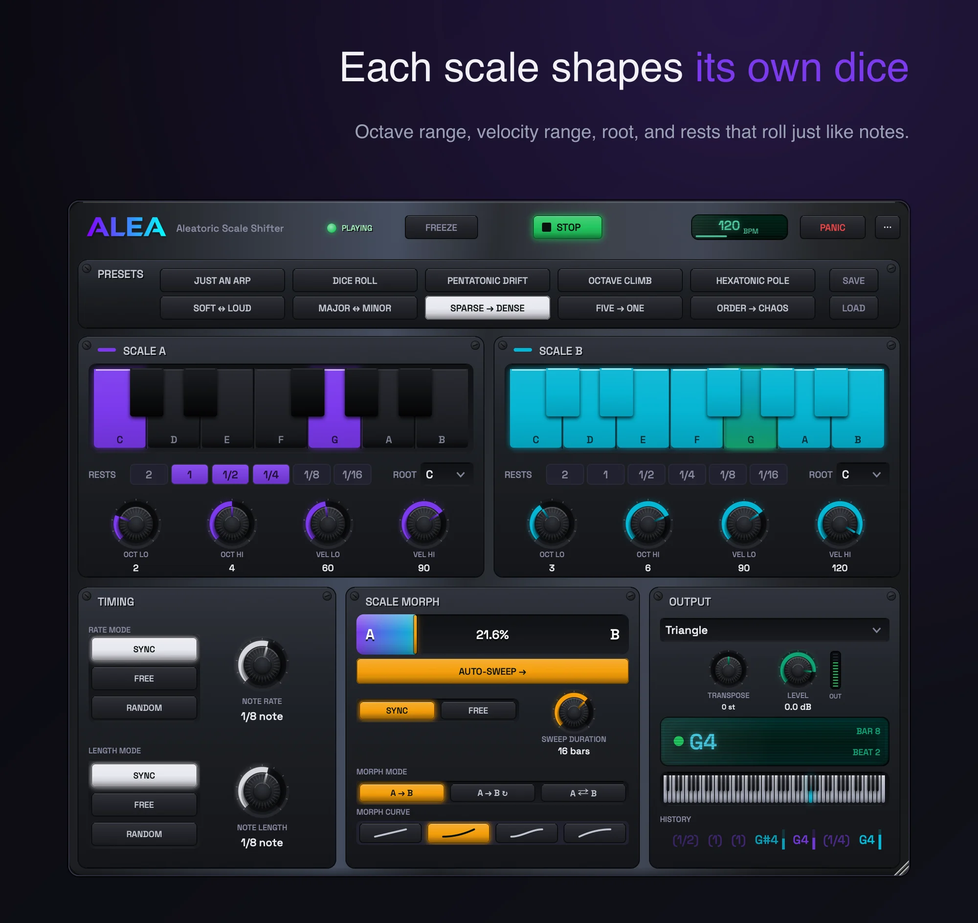 Each scale shapes its own dice: octave range, velocity range, root, and rests that roll like notes.