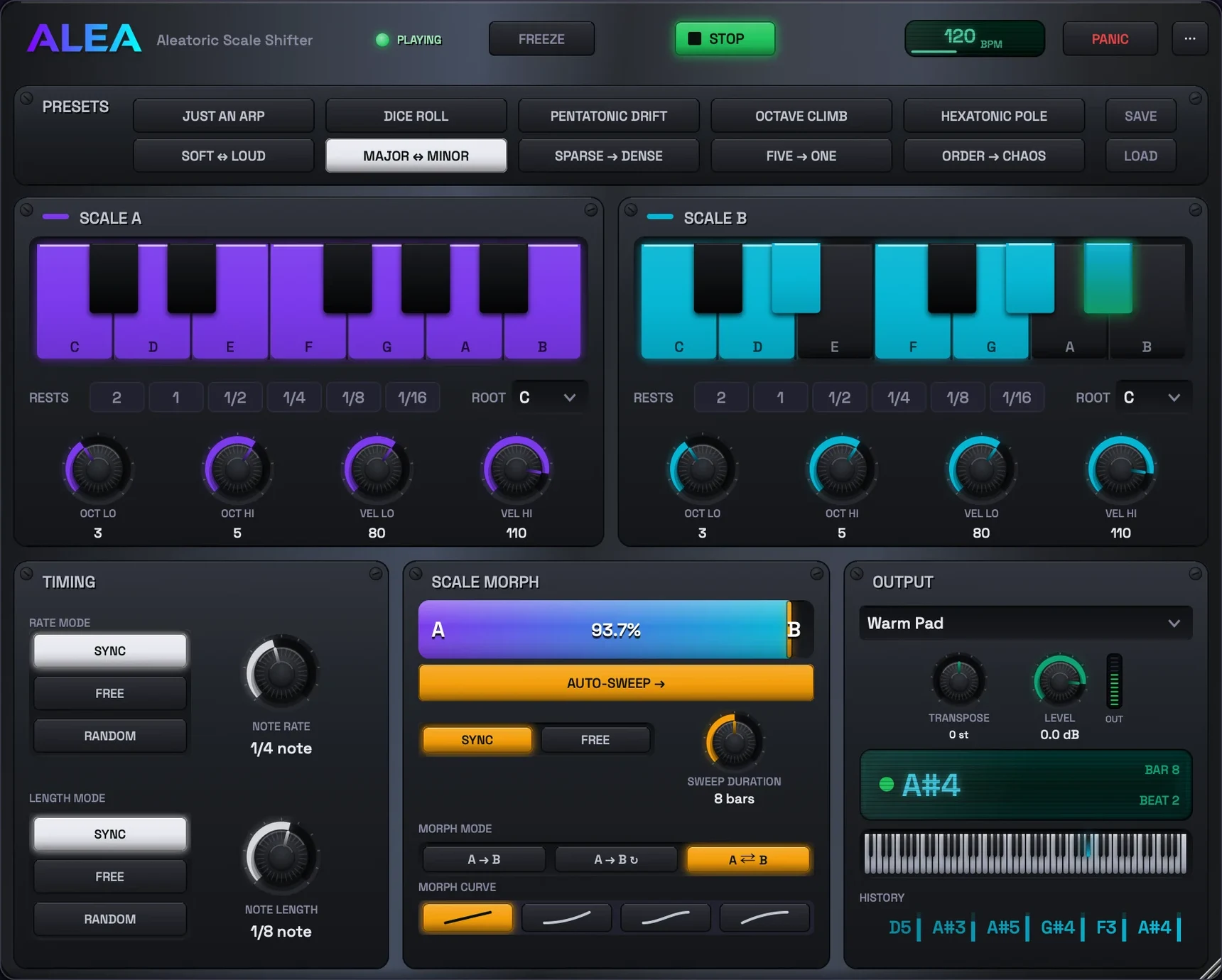 The Scale Shifter window: Scale A in purple, Scale B in cyan, and the morph bar at 93.7% B.