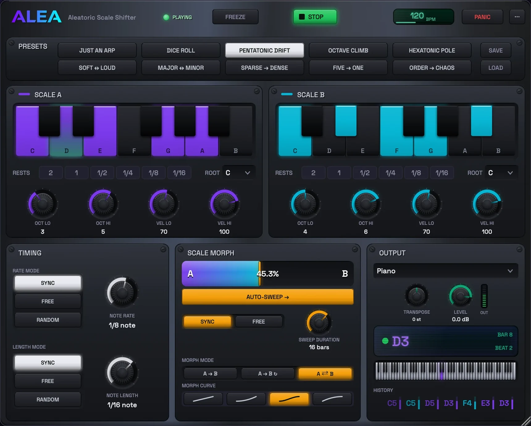 The Scale Morph panel mid-sweep at 45%, AUTO-SWEEP on, sixteen bars, S curve.