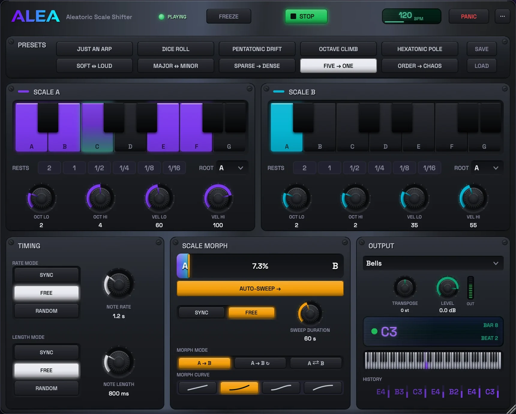 The preset row with Five to One chosen, and the two scales it sets up below it.