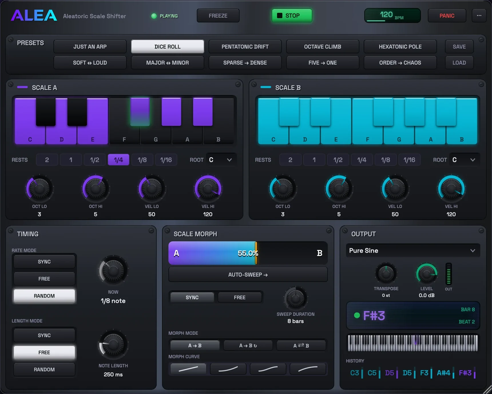 The Timing panel: rate mode on RANDOM, length mode on FREE at 250 ms.