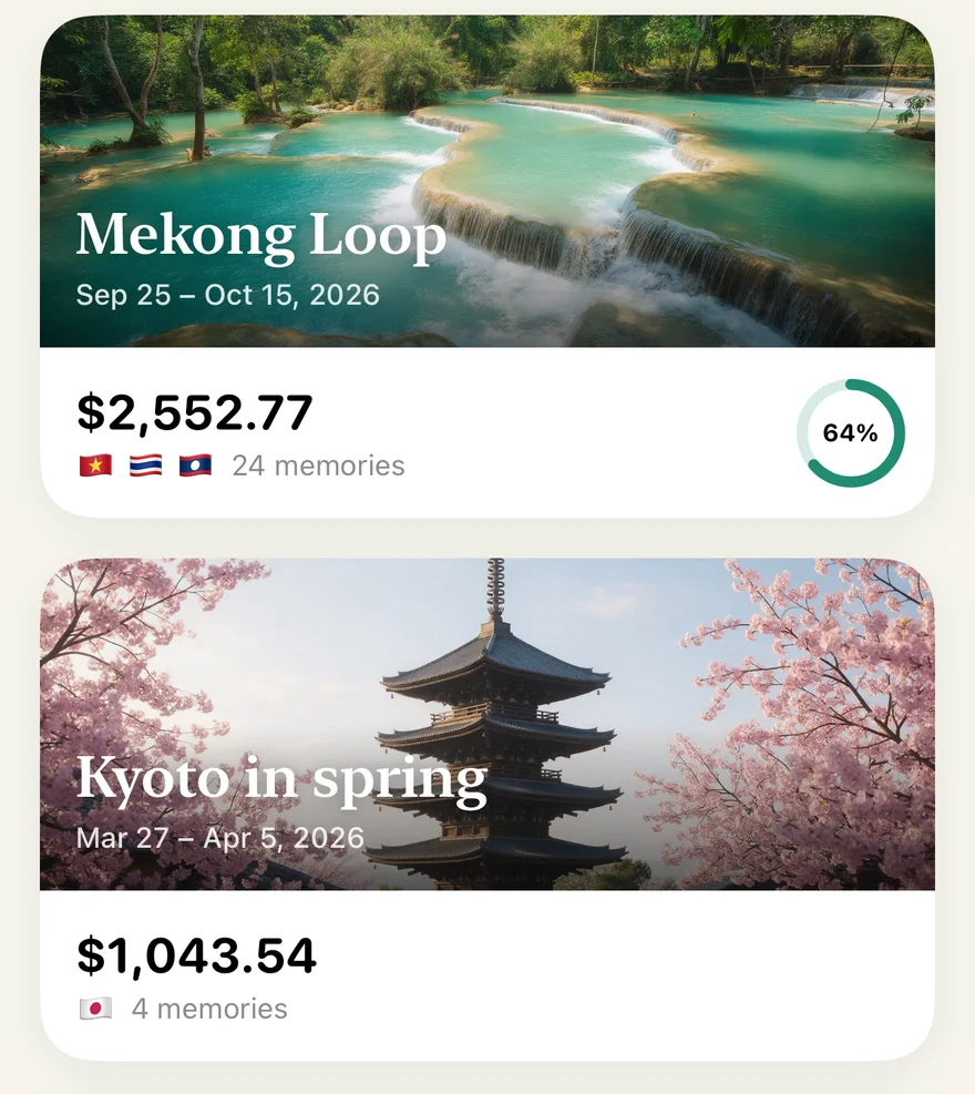 Souvenir’s bookshelf: the Mekong Loop trip at $2,552.77 with 24 memories, Kyoto in spring at $1,043.54 and a Lisbon long weekend at $564.84, each with a cover photo