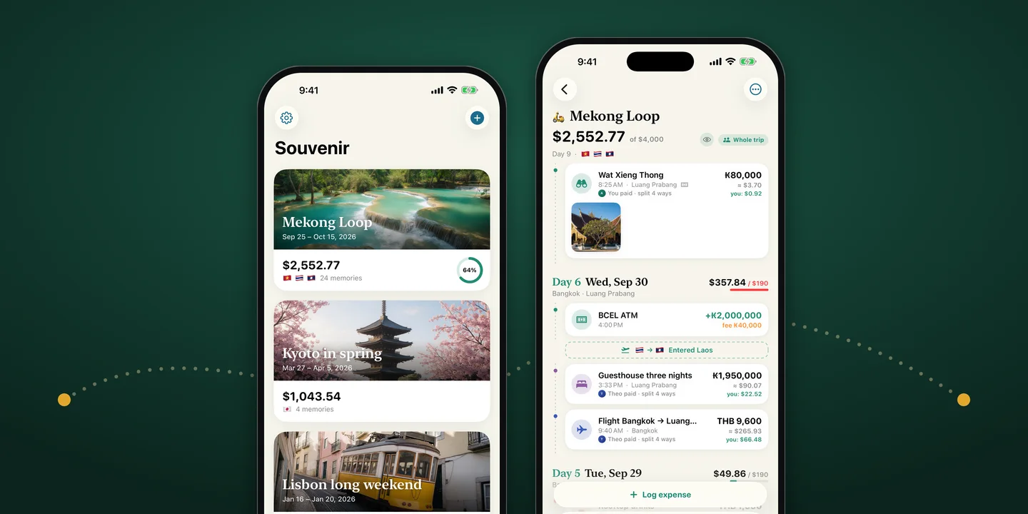Souvenir on two phones: a bookshelf of trips with covers and totals, and the Mekong Loop trip’s days with expenses, an ATM withdrawal and an “Entered Laos” marker